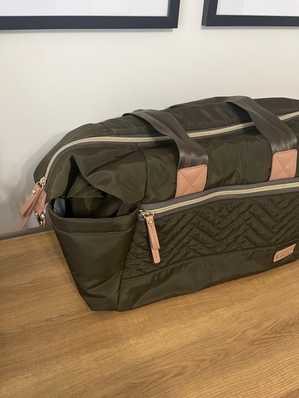 Skip Hop - Olive Green Quilted Baby Diaper Bag with Tan Accents - Picture 3 of 10